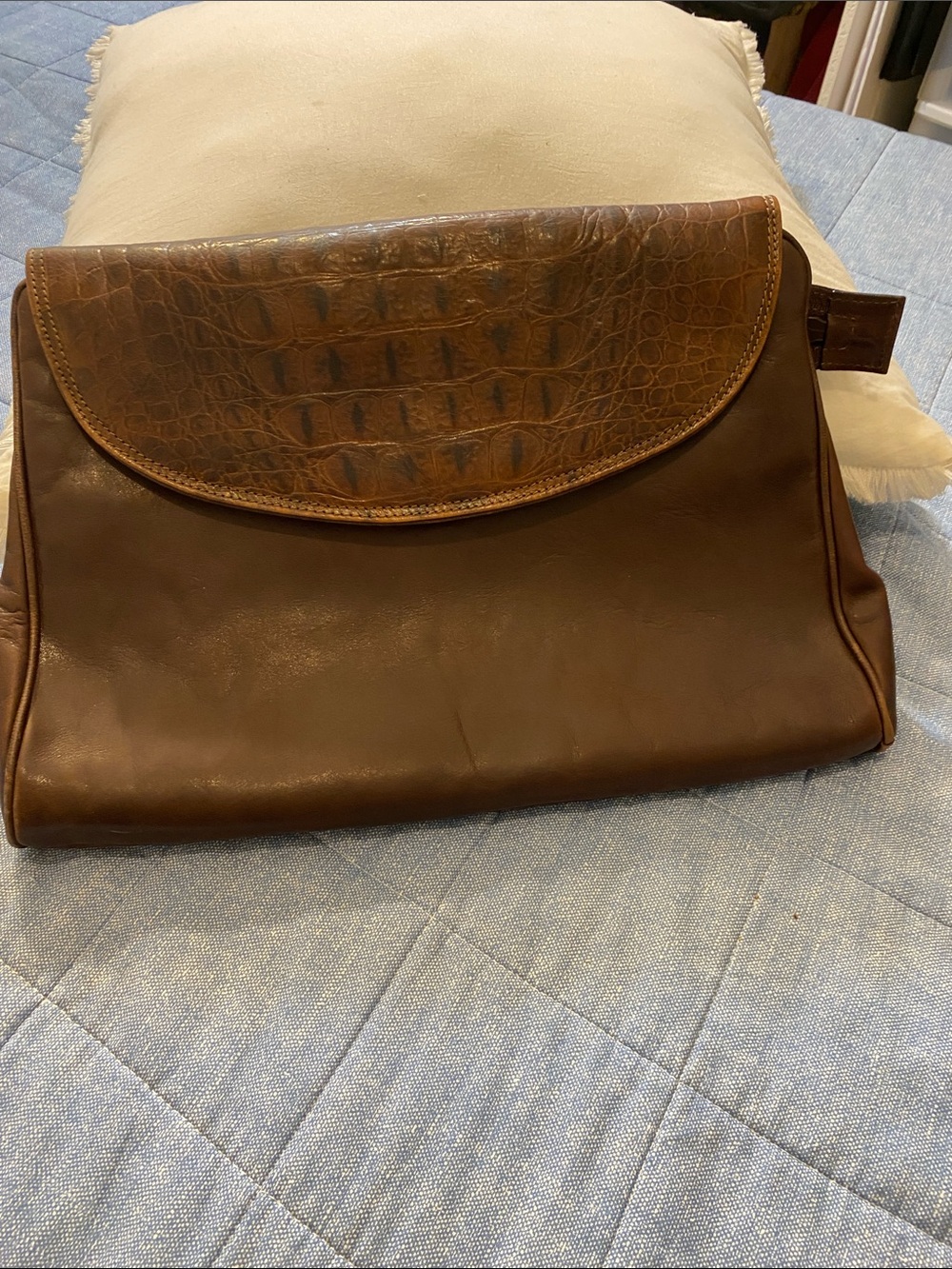 Large Vintage Oroton Brown Leather Clutch with Croc-Embossed Flap